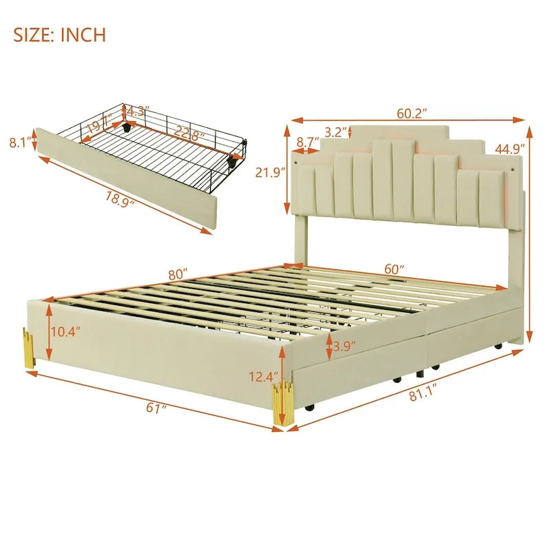 Lit plate-forme capitonné Queen Size avec lumières LED et 4 tiroirs