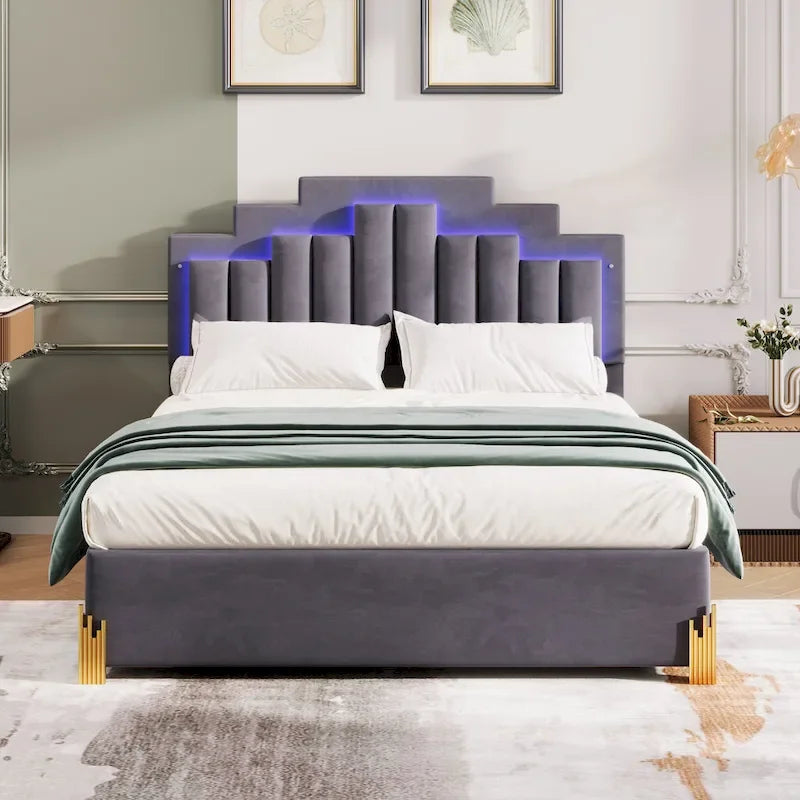 Lit plate-forme capitonné Queen Size avec lumières LED et 4 tiroirs