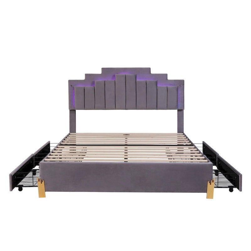 Lit plate-forme capitonné Queen Size avec lumières LED et 4 tiroirs