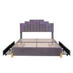 Lit plate-forme capitonné Queen Size avec lumières LED et 4 tiroirs