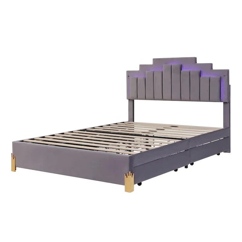 Lit plate-forme capitonné Queen Size avec lumières LED et 4 tiroirs