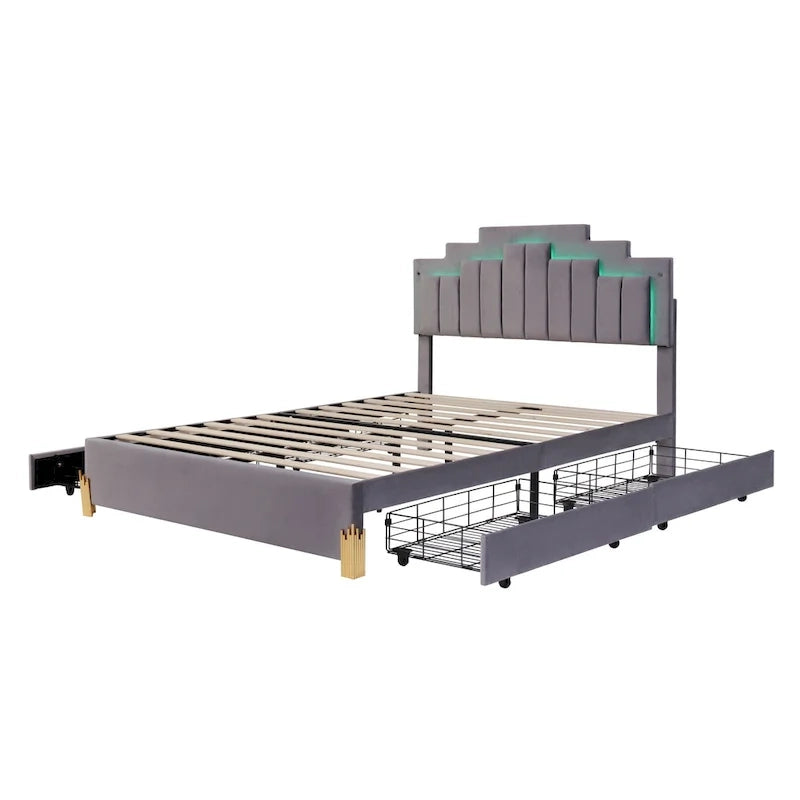 Lit plate-forme capitonné Queen Size avec lumières LED et 4 tiroirs