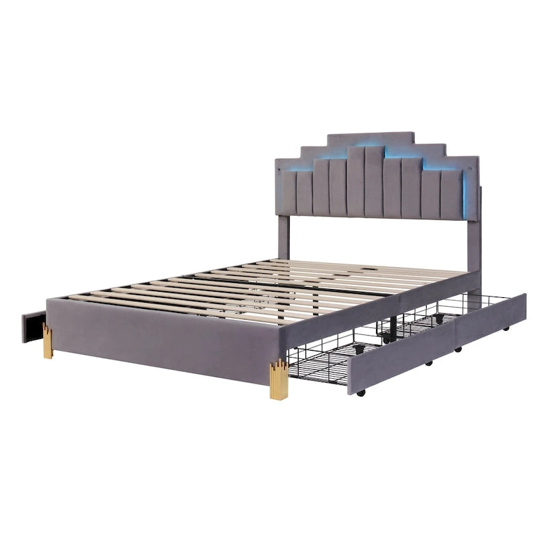 Lit plate-forme capitonné Queen Size avec lumières LED et 4 tiroirs