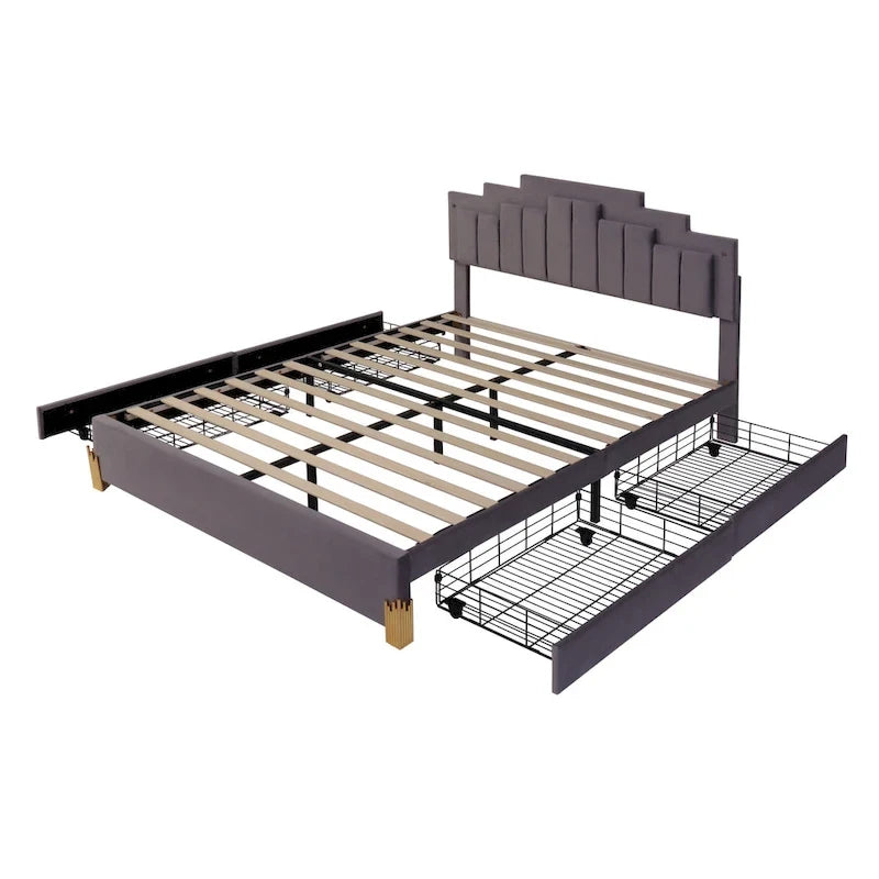 Lit plate-forme capitonné Queen Size avec lumières LED et 4 tiroirs