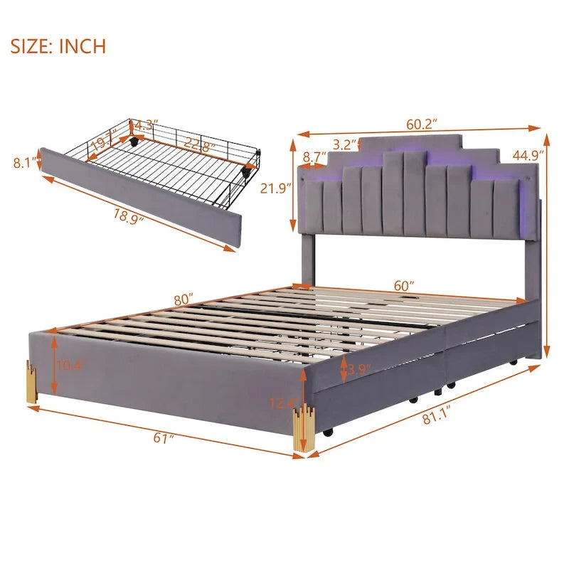 Lit plate-forme capitonné Queen Size avec lumières LED et 4 tiroirs