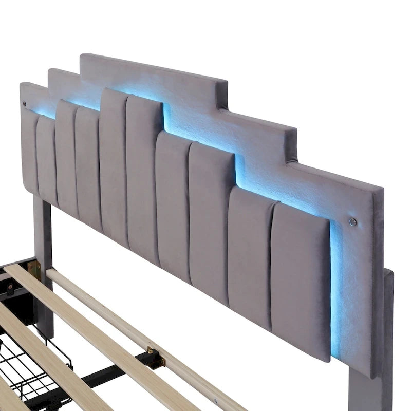 Lit plate-forme capitonné Queen Size avec lumières LED et 4 tiroirs