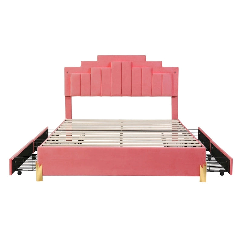 Lit plate-forme capitonné Queen Size avec lumières LED et 4 tiroirs