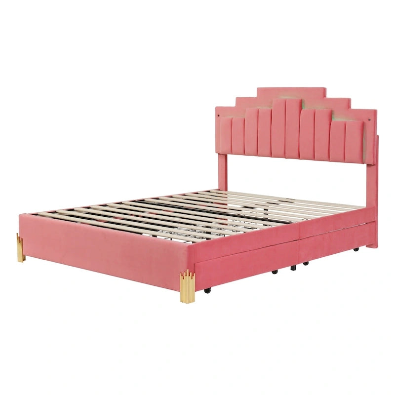 Lit plate-forme capitonné Queen Size avec lumières LED et 4 tiroirs