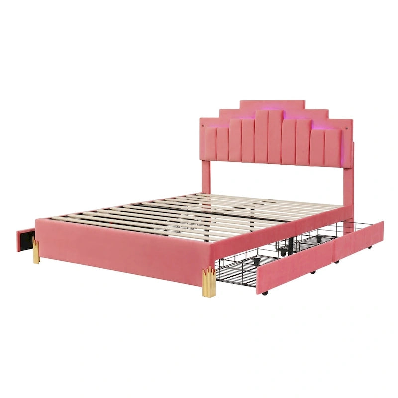 Lit plate-forme capitonné Queen Size avec lumières LED et 4 tiroirs