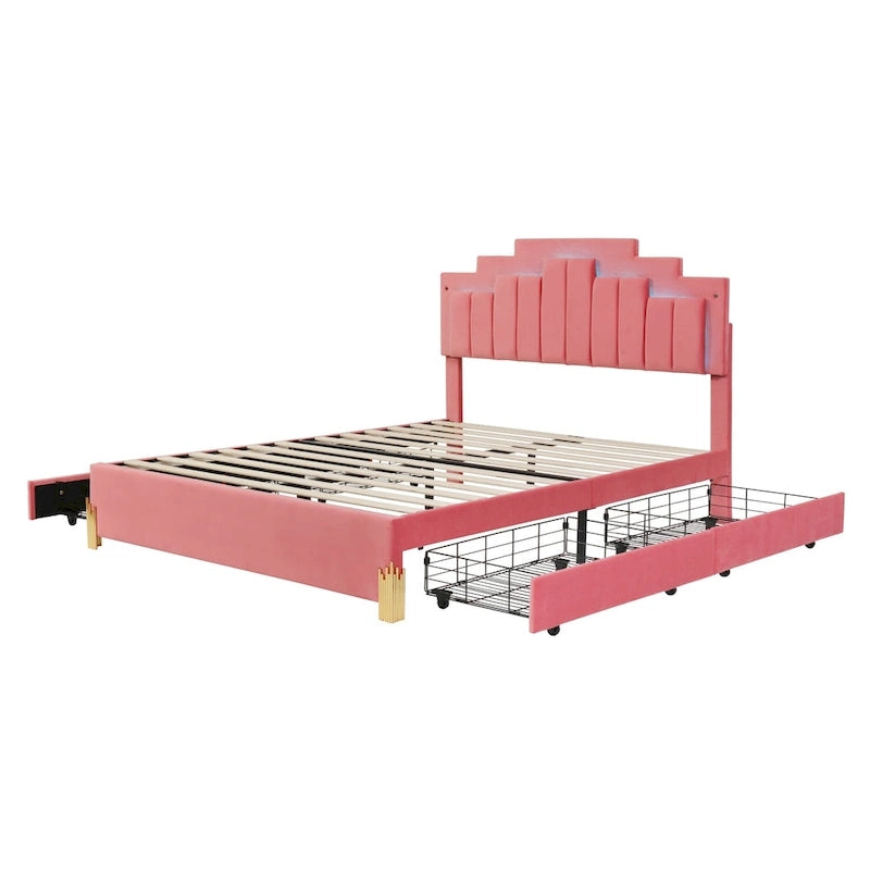 Lit plate-forme capitonné Queen Size avec lumières LED et 4 tiroirs