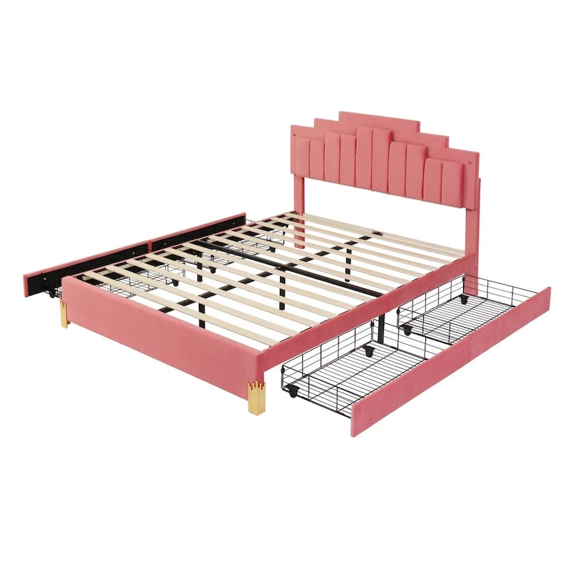 Lit plate-forme capitonné Queen Size avec lumières LED et 4 tiroirs