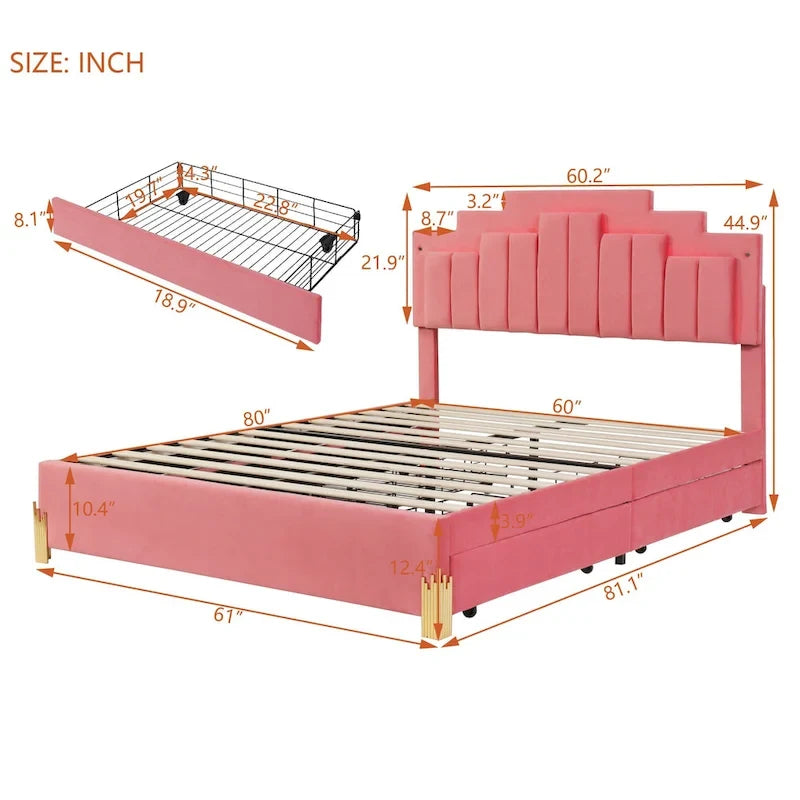 Lit plate-forme capitonné Queen Size avec lumières LED et 4 tiroirs