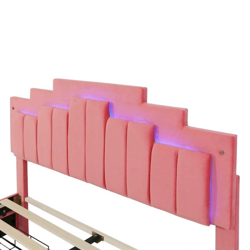 Lit plate-forme capitonné Queen Size avec lumières LED et 4 tiroirs