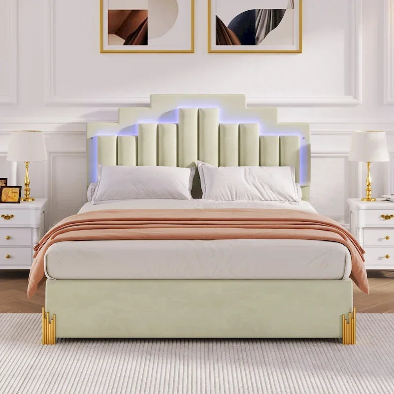 Lit plate-forme capitonné Queen Size avec lumières LED et 4 tiroirs