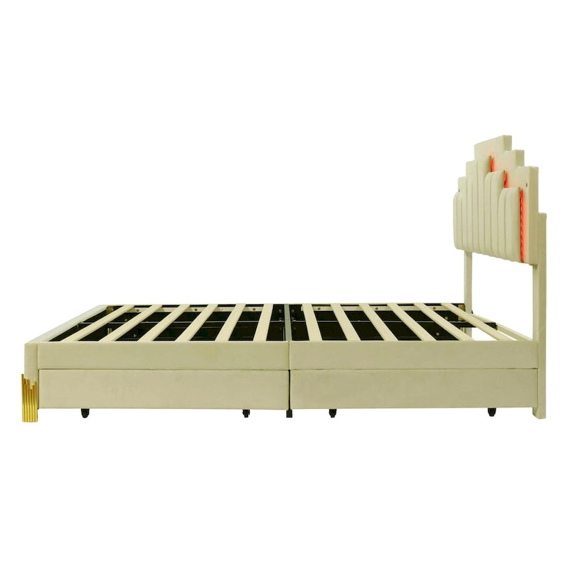 Lit plate-forme capitonné Queen Size avec lumières LED et 4 tiroirs