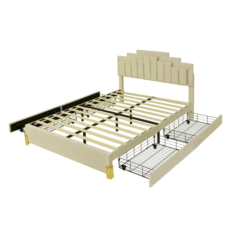 Lit plate-forme capitonné Queen Size avec lumières LED et 4 tiroirs