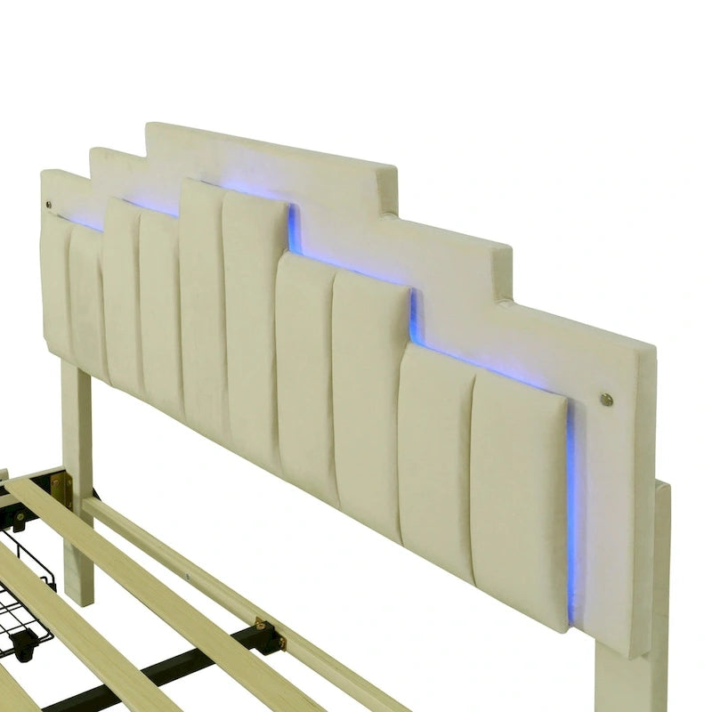 Lit plate-forme capitonné Queen Size avec lumières LED et 4 tiroirs