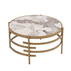 32.48 Table basse ronde moderne avec plateau en pierre frittée et cadre métallique robuste
