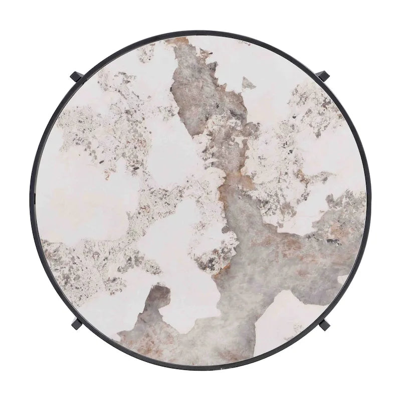 32.48 Table basse ronde moderne avec plateau en pierre frittée et cadre métallique robuste