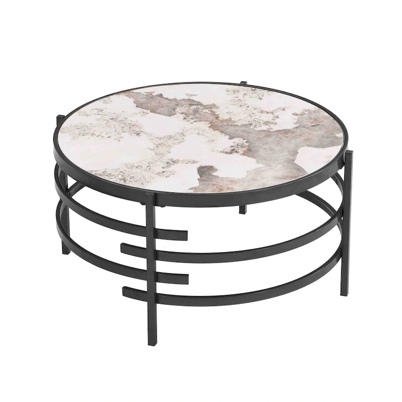 32.48 Table basse ronde moderne avec plateau en pierre frittée et cadre métallique robuste