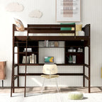 Lit mezzanine double avec étagères de rangement, bureau et échelle