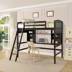 Lit mezzanine double avec étagères de rangement, bureau et échelle