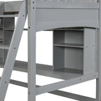 Lit mezzanine double avec étagères de rangement, bureau et échelle