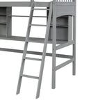 Lit mezzanine double avec étagères de rangement, bureau et échelle