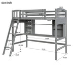 Lit mezzanine double avec étagères de rangement, bureau et échelle