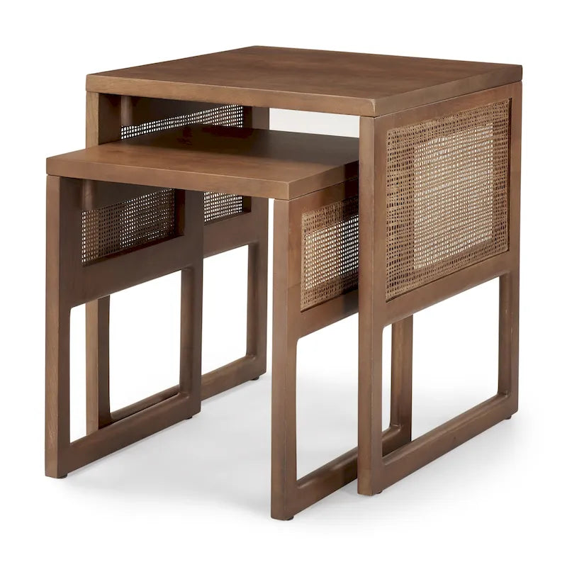 Tables d'appoint gigognes carrées en bois massif avec accents en rotin (ensemble de 2) - 20L x 20l x 23H