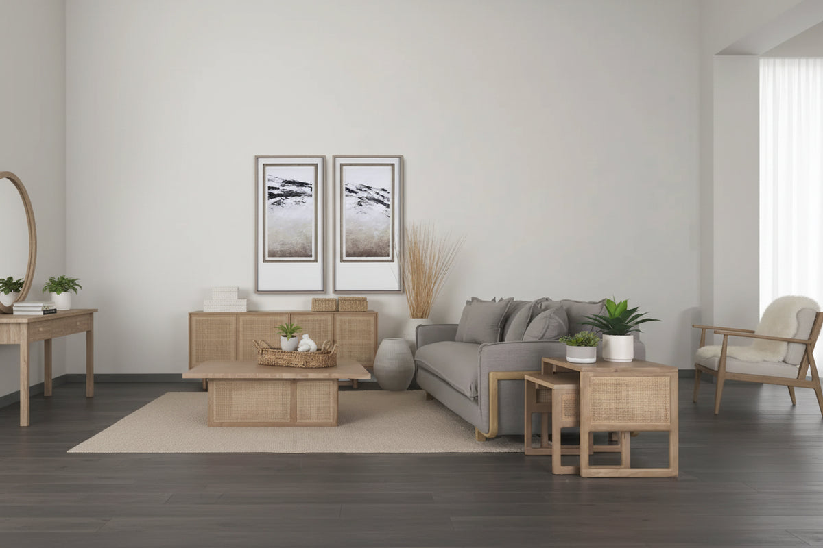 Tables d'appoint gigognes carrées en bois massif avec accents en rotin (ensemble de 2) - 20L x 20l x 23H