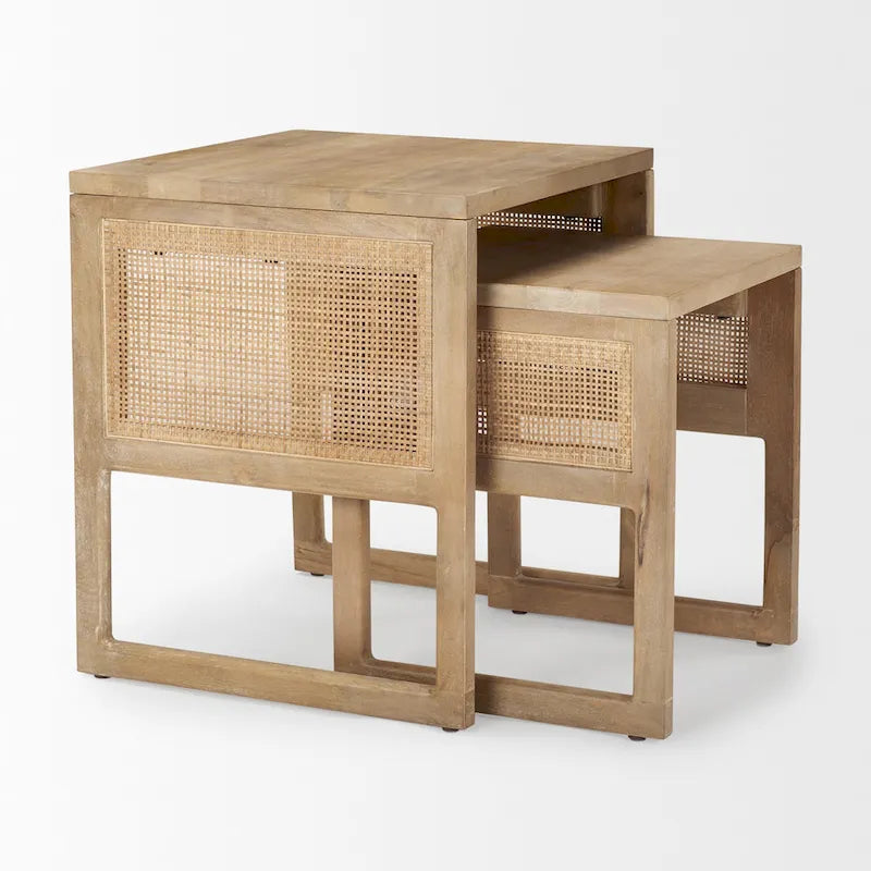Tables d'appoint gigognes carrées en bois massif avec accents en rotin (ensemble de 2) - 20L x 20l x 23H