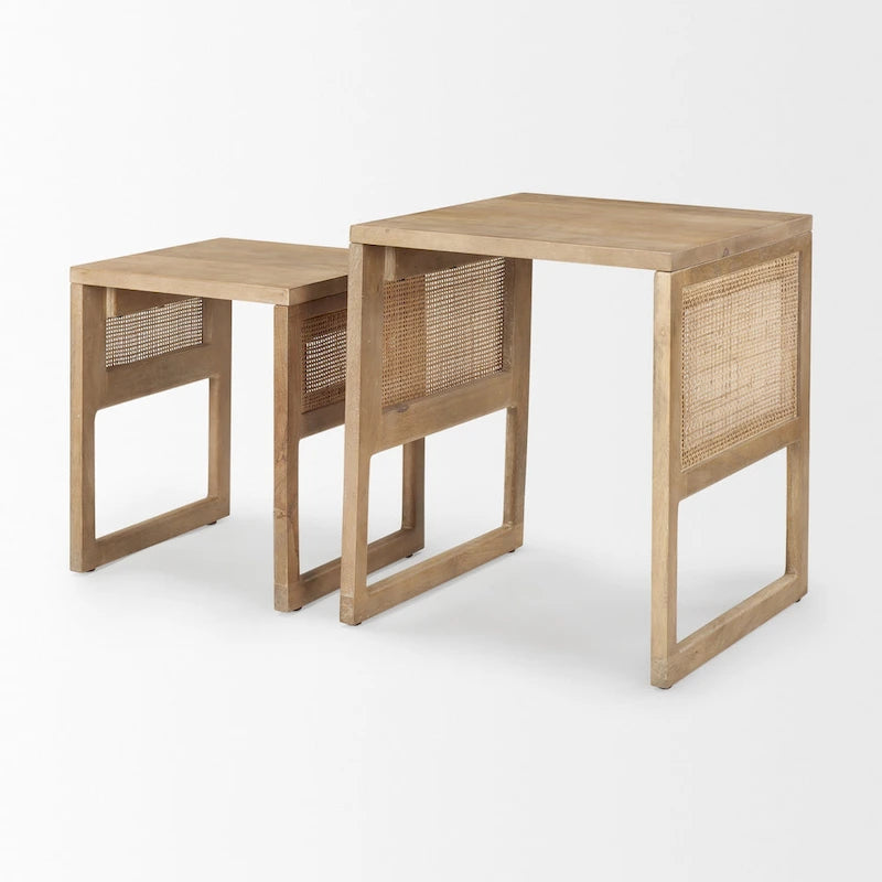 Tables d'appoint gigognes carrées en bois massif avec accents en rotin (ensemble de 2) - 20L x 20l x 23H