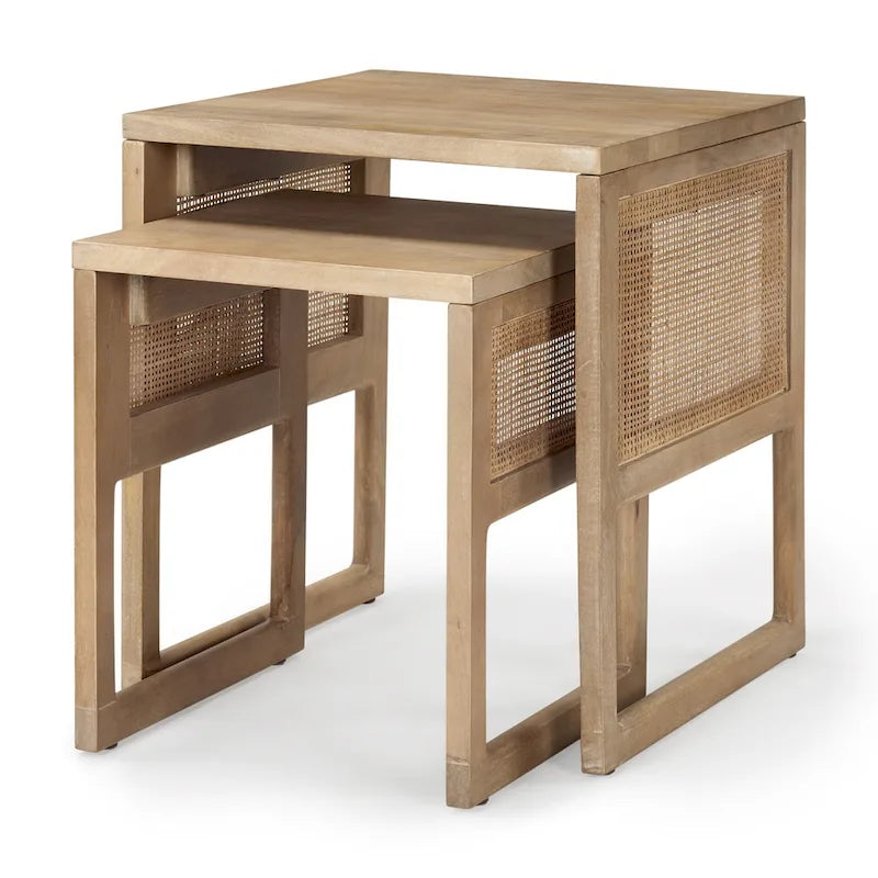Tables d'appoint gigognes carrées en bois massif avec accents en rotin (ensemble de 2) - 20L x 20l x 23H