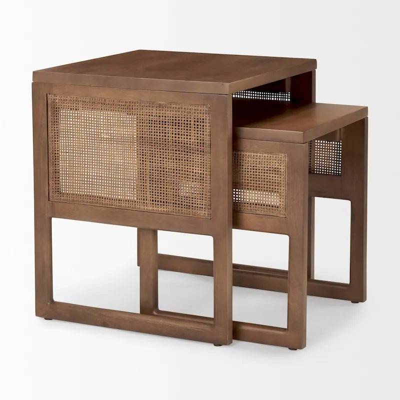 Tables d'appoint gigognes carrées en bois massif avec accents en rotin (ensemble de 2) - 20L x 20l x 23H