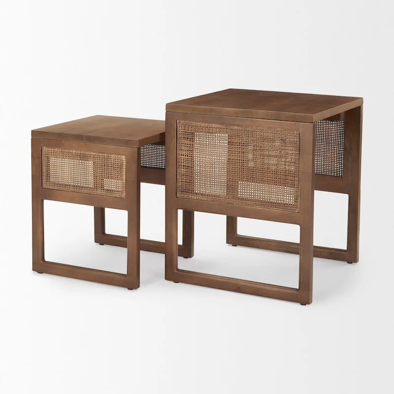 Tables d'appoint gigognes carrées en bois massif avec accents en rotin (ensemble de 2) - 20L x 20l x 23H