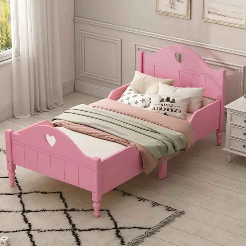Lit d'enfant jumeau Macaron avec rails de sécurité latéraux et tête et pied de lit, rose clair
