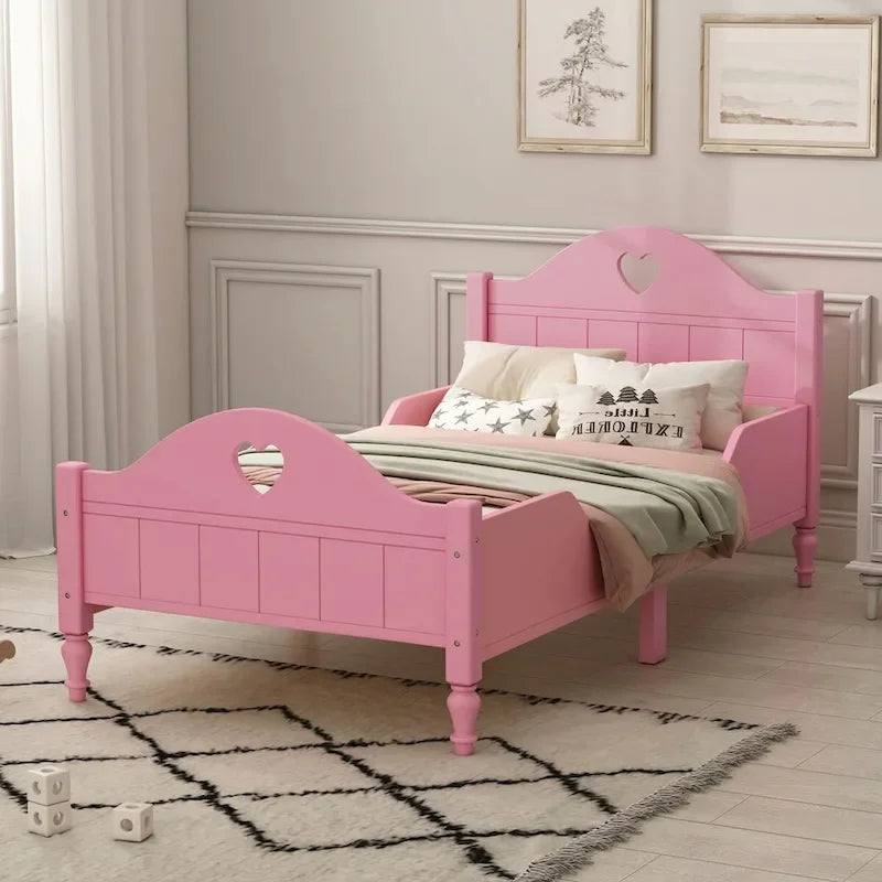 Lit d'enfant jumeau Macaron avec rails de sécurité latéraux et tête et pied de lit, rose clair