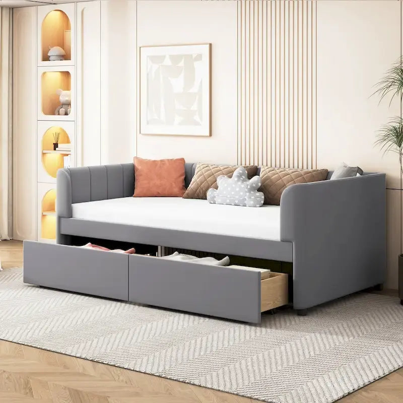 Lit de repos capitonné pour lit jumeau avec dossier ergonomique et 2 tiroirs