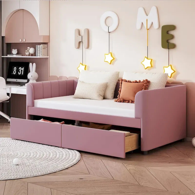 Lit de repos capitonné pour lit jumeau avec dossier ergonomique et 2 tiroirs