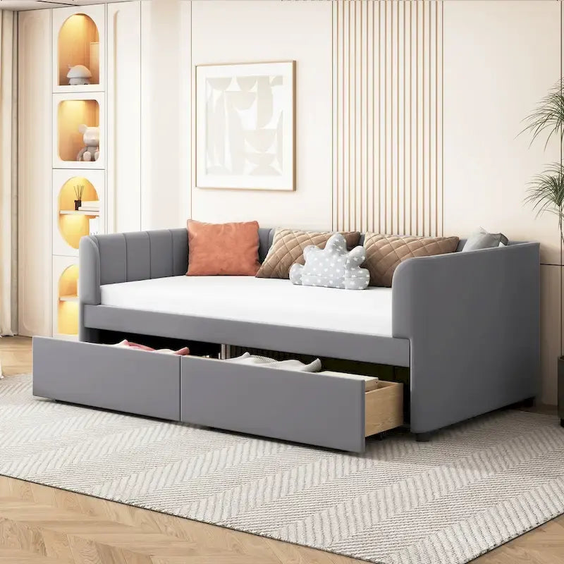 Lit de repos capitonné pour lit jumeau avec dossier ergonomique et 2 tiroirs