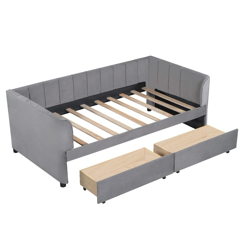Lit de repos capitonné pour lit jumeau avec dossier ergonomique et 2 tiroirs