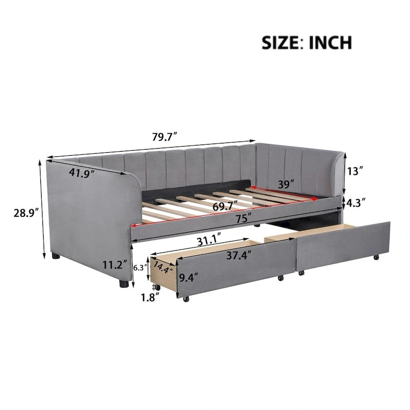 Lit de repos capitonné pour lit jumeau avec dossier ergonomique et 2 tiroirs