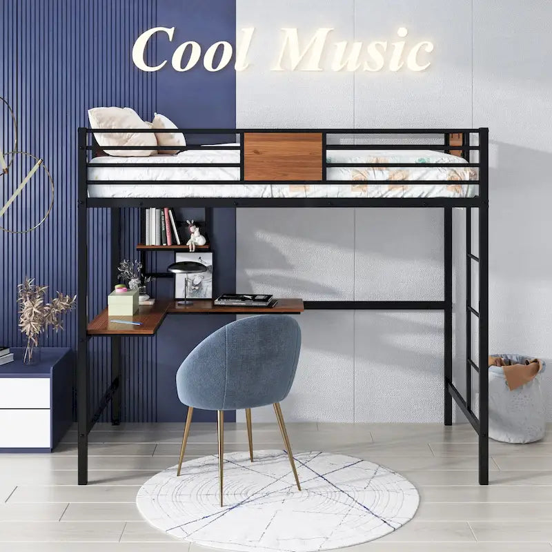 Lit mezzanine double en métal avec bureau et étagère