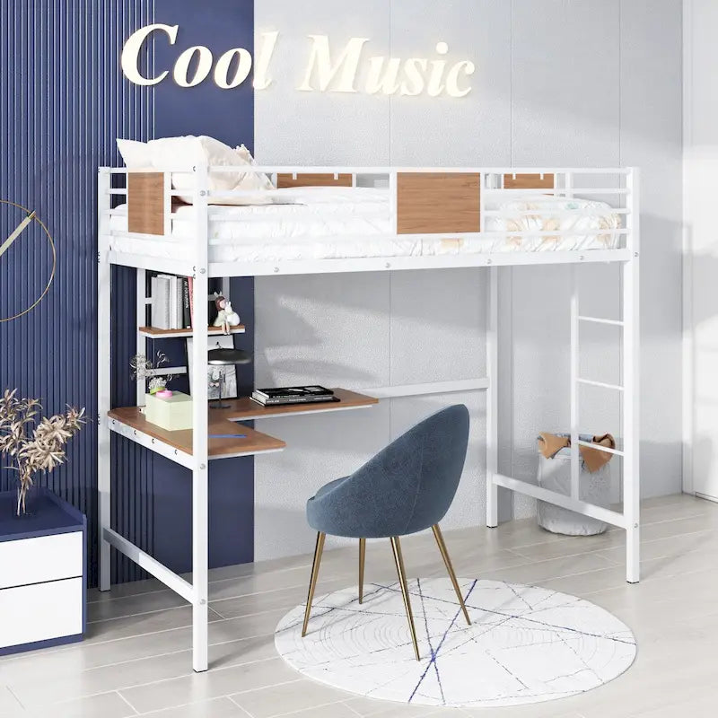Lit mezzanine double en métal avec bureau et étagère