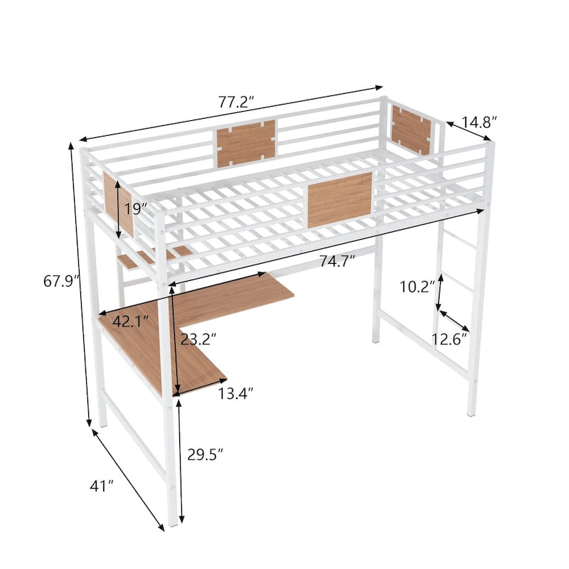 Lit mezzanine double en métal avec bureau et étagère