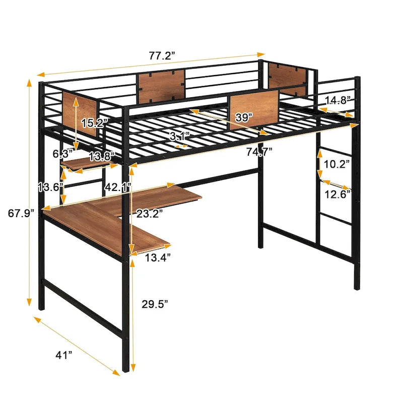 Lit mezzanine double en métal avec bureau et étagère