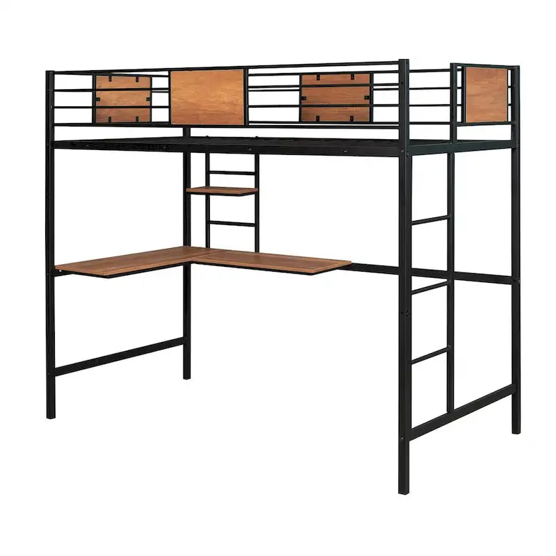 Lit mezzanine double en métal avec bureau et étagère