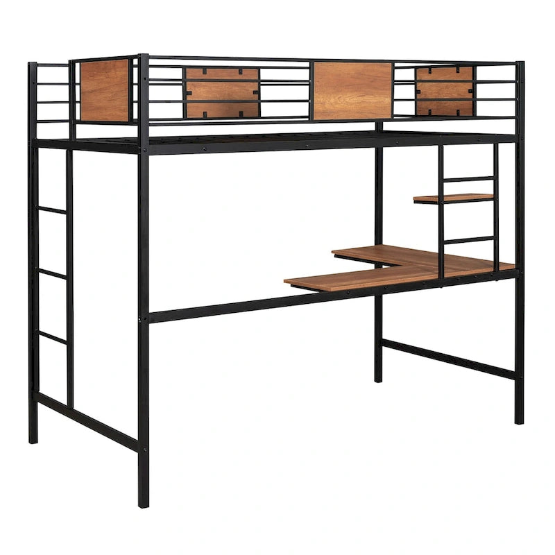 Lit mezzanine double en métal avec bureau et étagère