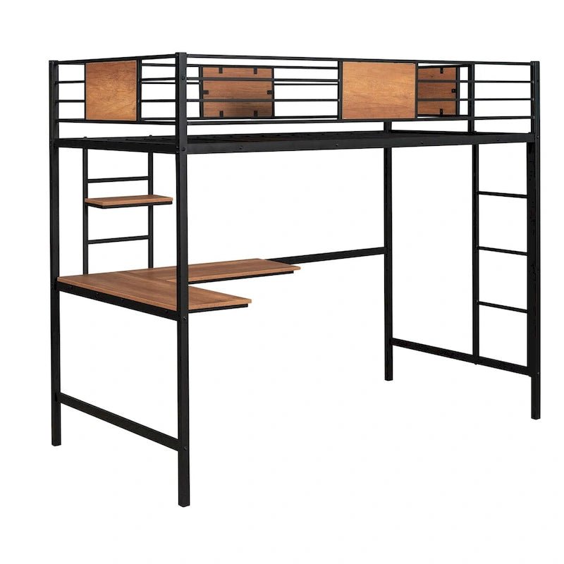 Lit mezzanine double en métal avec bureau et étagère